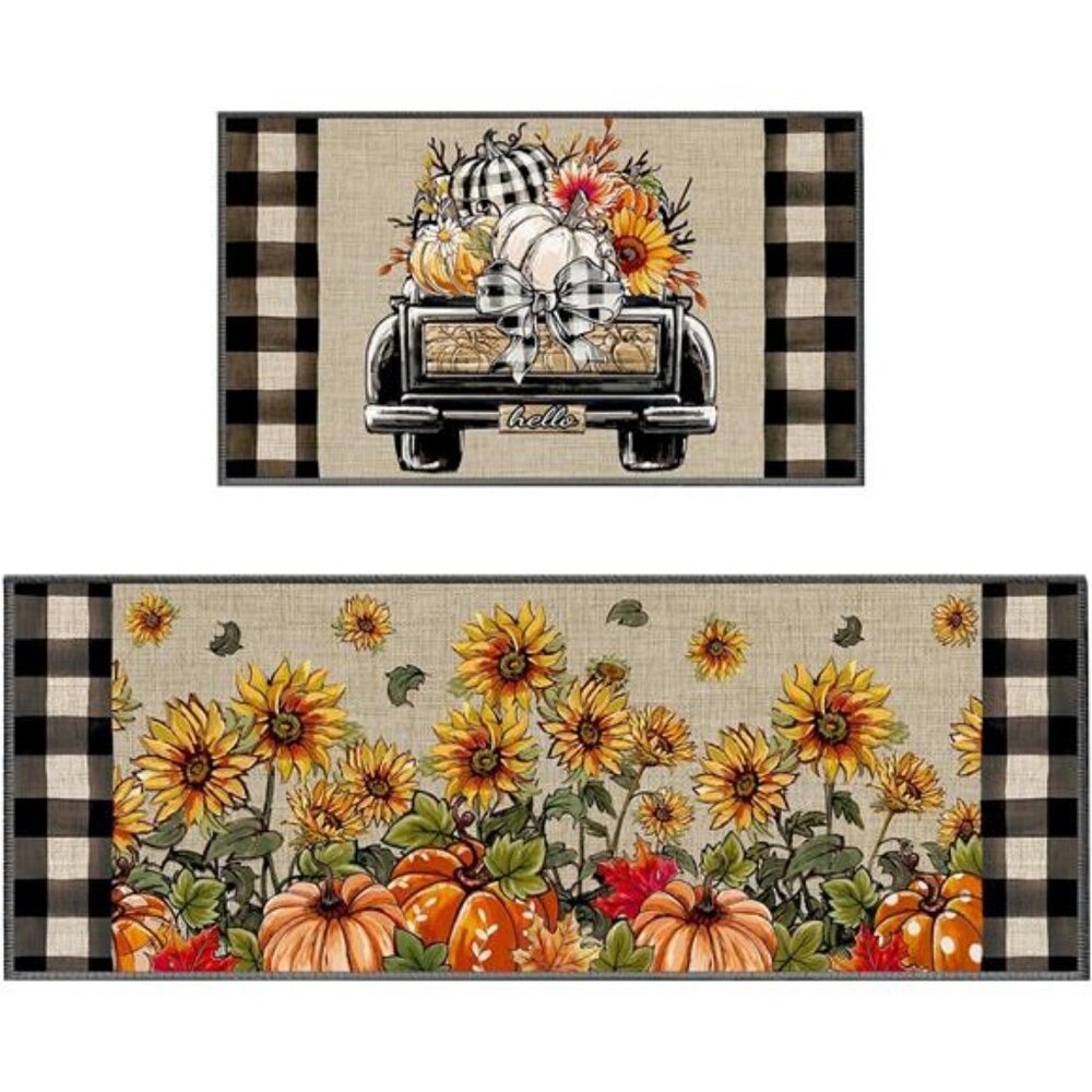 Fall Kitchen Rugs Set of 2, Non-Slip Kitchen Floor Mats, Sunflower‎ Pumpkin